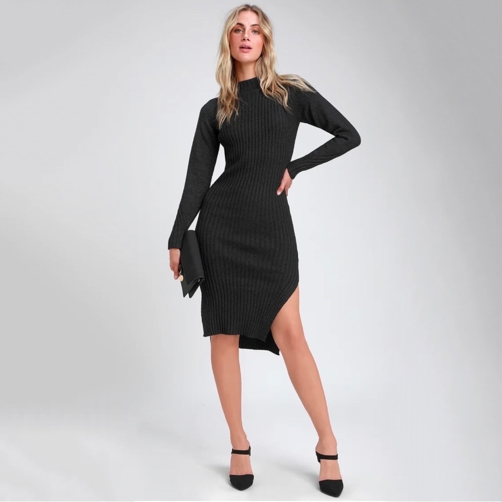 Lulu's Charcoal Ribbed Midi Sweater Dress
